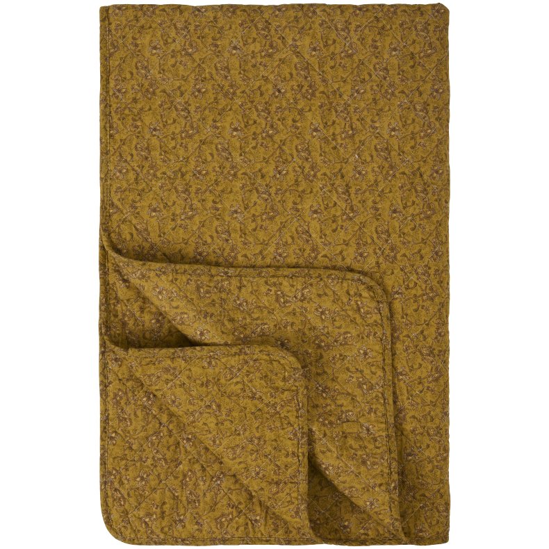 Ib Laursen Quilt mustard m/gr�nne, gr� og brune blomsterranker 130x180cm