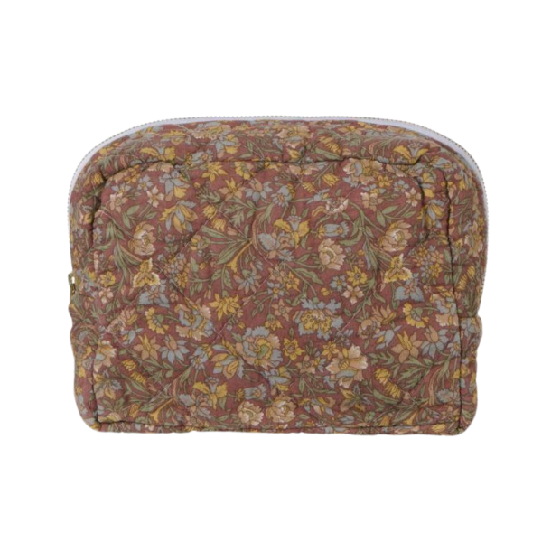 Toilettaske, quiltet st�vet bordeaux med blomster