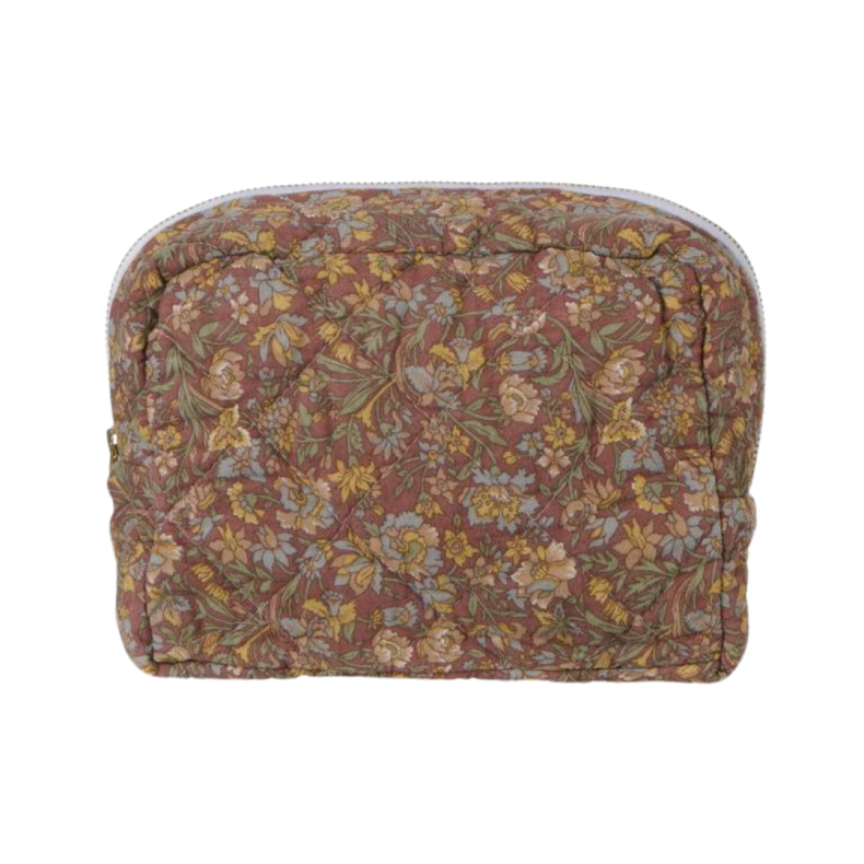 Toilettaske, quiltet st�vet bordeaux med blomster