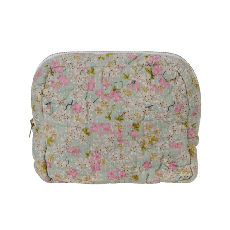 Toilettaske, kosmetikpung quiltet turkis med blomster