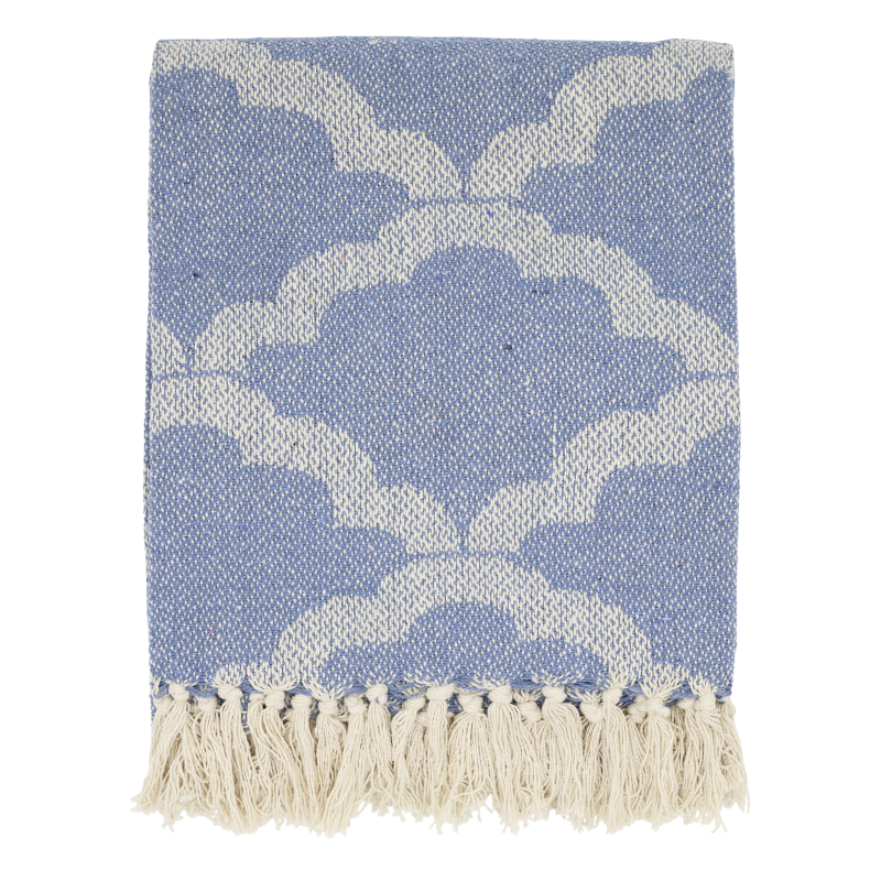 H�ndv�vet Chic Antique Aix plaid i sky blue lysebl� og creme genbrugsgarn.