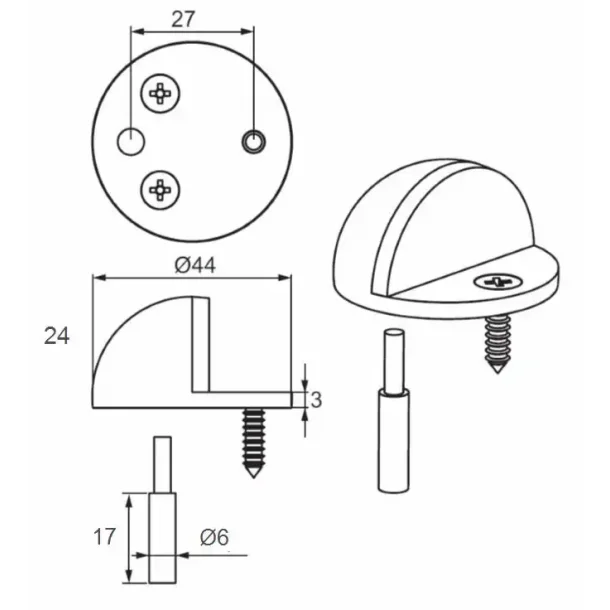 Drstopper til gulvmontering, halvmne, brstet stl