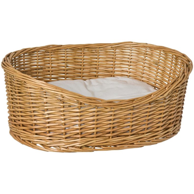 Klassisk rund hundekurv i naturligt pileflet med en bl�d, lys stofpude indeni fra Ib Laursen.