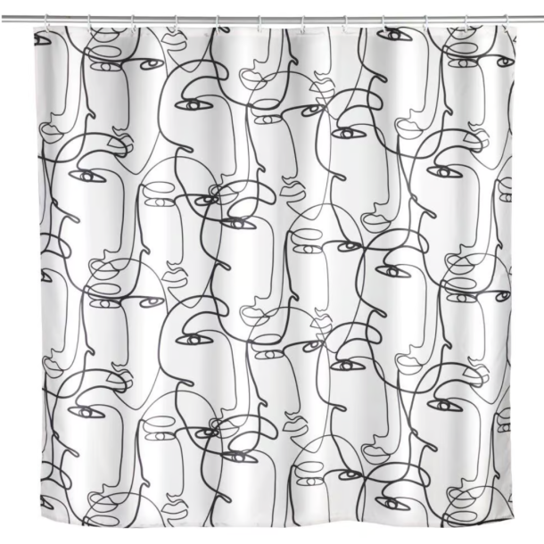 Wenko anti skimmel badeforh�ng, Faces 180x200 cm - Hvid/sort