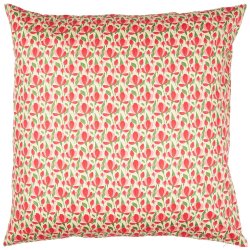 Beige Ib Laursen bomuldspudebetr�k 60x60 cm med r�de og rosa blomster samt gr�nne blade.