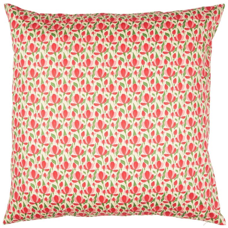 Beige Ib Laursen bomuldspudebetr�k 60x60 cm med r�de og rosa blomster samt gr�nne blade.