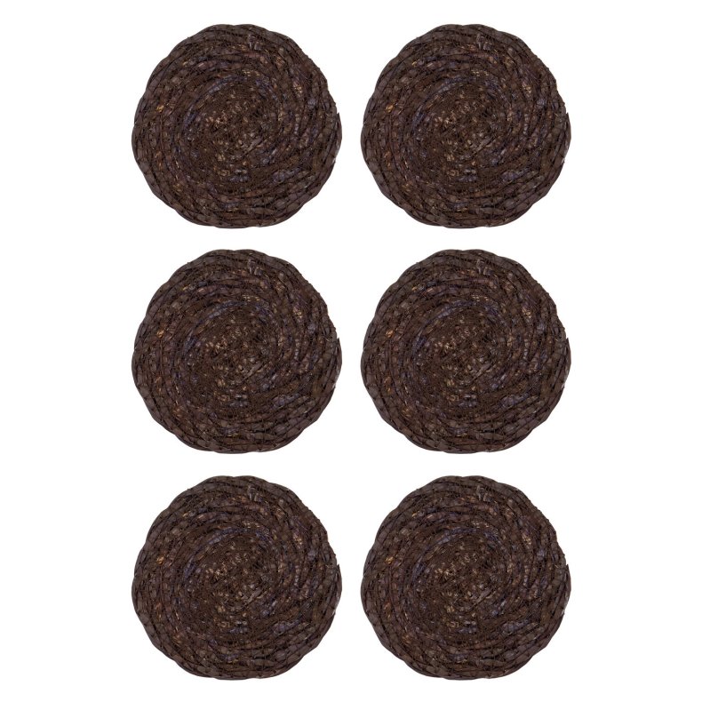 S�t med seks runde, chokoladebrune glasbrikker i v�vet s�gr�s