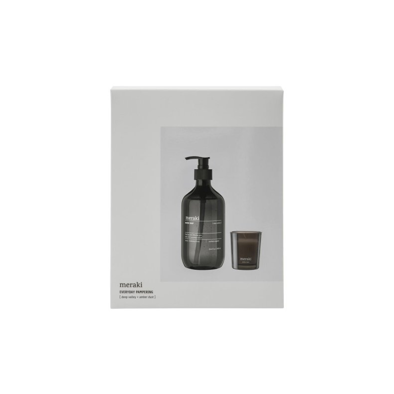 Elegant Meraki gave�ske indeholdende en stor Deep Valley h�nds�be med pumpe og et mindre Amber Dust duftlys i glas.