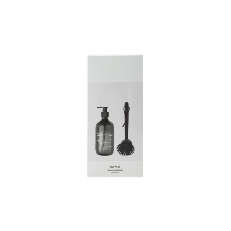 Meraki k�kken-gave�ske med en flaske Shadow Lake opvaskemiddel med pumpe og en minimalistisk sort opvaskeb�rste.