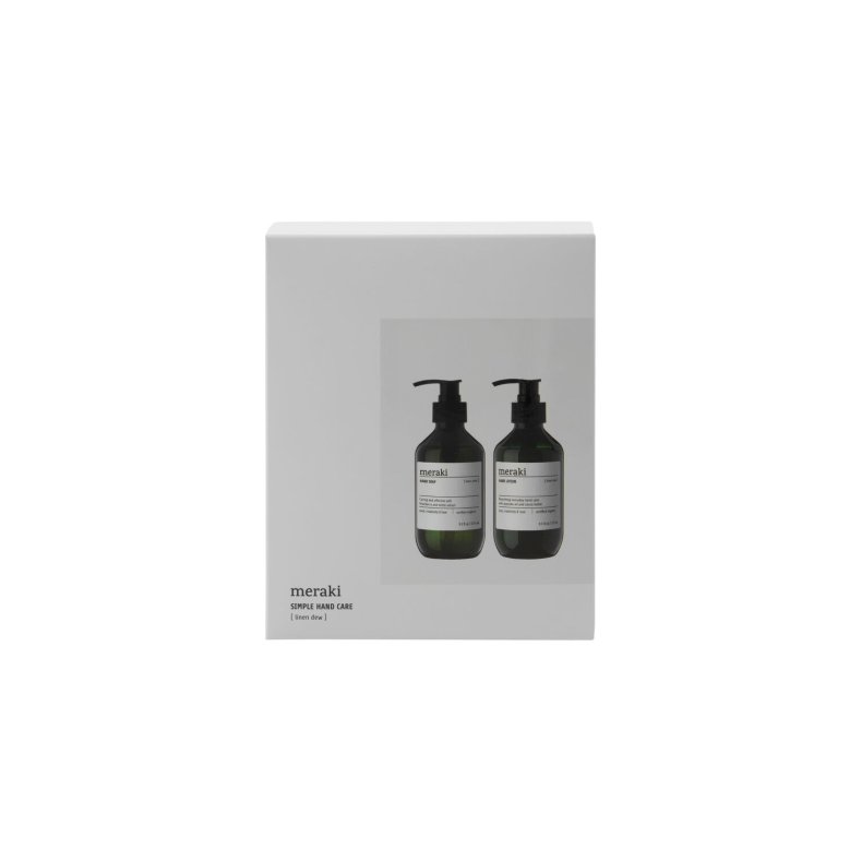 Stilren Meraki gave�ske med en Linen Dew h�nds�be og en matchende h�ndcreme, begge i 275 ml flasker med pumpe.