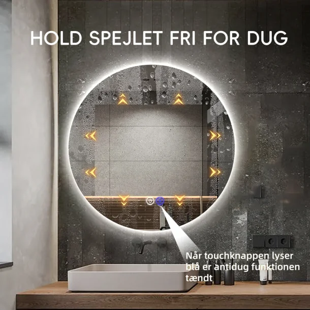 Rundt spejl med LED-lys og Antidug 80 cm