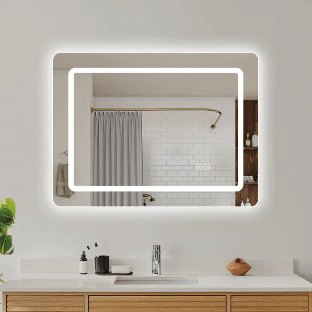 Firkantet Spejl med LED-lys (front + backlight) og Antidug 80x60 cm