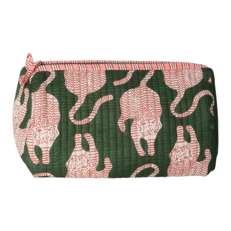 grn og pink quiltet kosmetiktaske