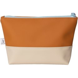 Au Maison kosmetiktaske i brun og beige coated tekstil med lysebl� lynl�s