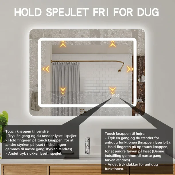 Firkantet Spejl med LED-lys (front + backlight) og Antidug 80x60 cm