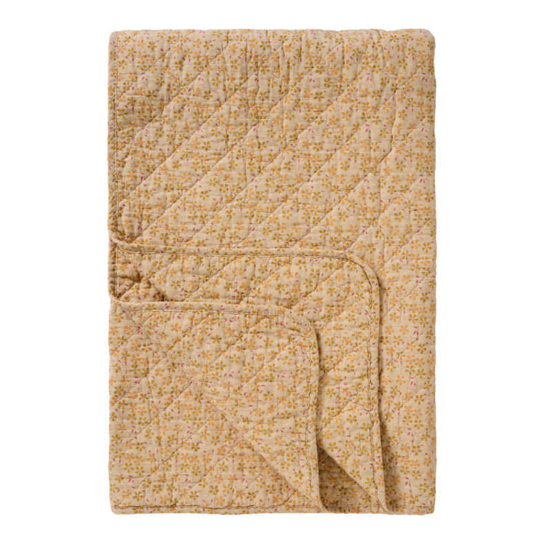 Ib Laursen Quilt beige m/gule, gr�nne og hindb�rfarvede blomster 130x180cm