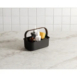 Stabelbar Bellwood opbevaringskasse i sort/valn�d til makeup og badev�relse med h�ndtag og pladsbesparende design