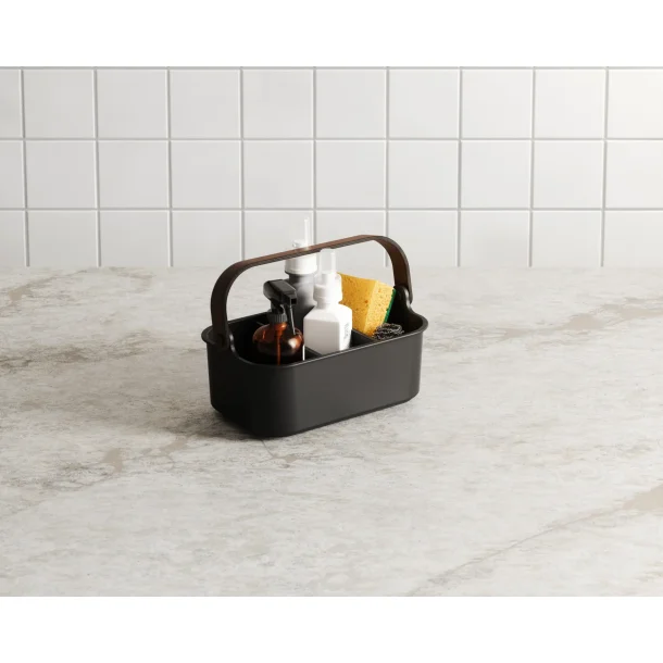 Stabelbar Bellwood opbevaringskasse i sort/valn�d til makeup og badev�relse med h�ndtag og pladsbesparende design